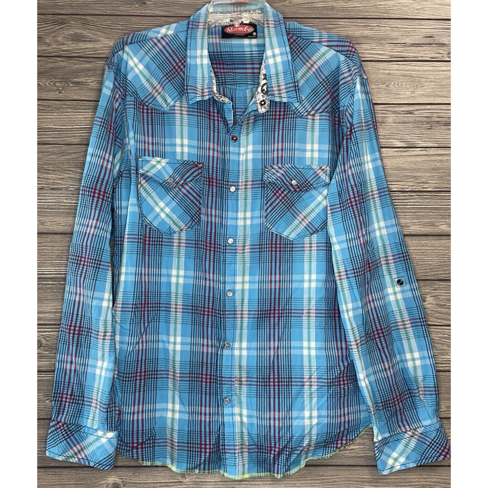 Mambo Australia Shirt Mens XL Light Blue Pearl Snap Long Sleeve Contrast Cuff